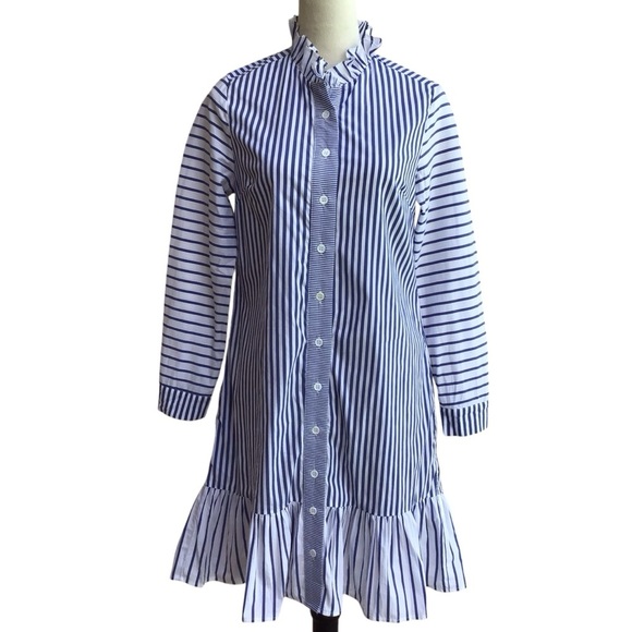 CK Bradley Blue White Striped Long Sleeve Ruffle Hem Shift Dress NEW - Picture 4 of 7